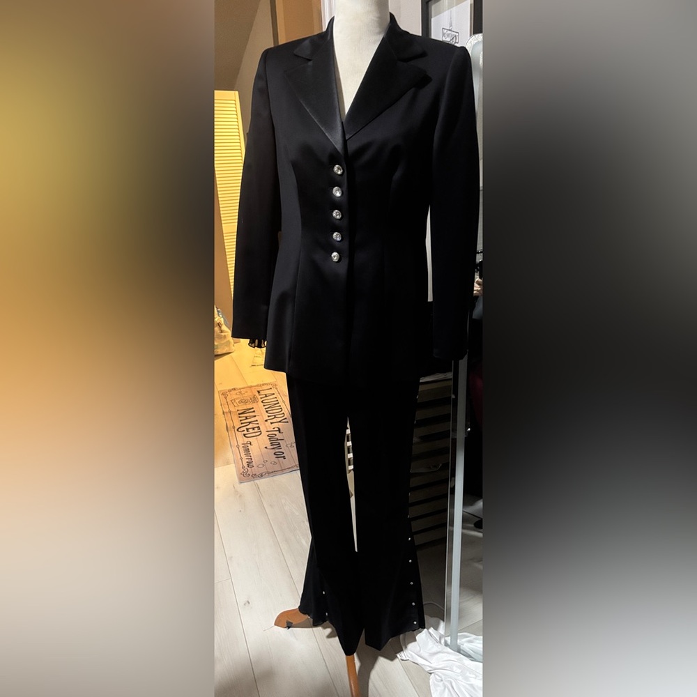 Escada Black Suit Tuxedo style, size 40. Crystal Buttons, Satin Lapel, AWESOME